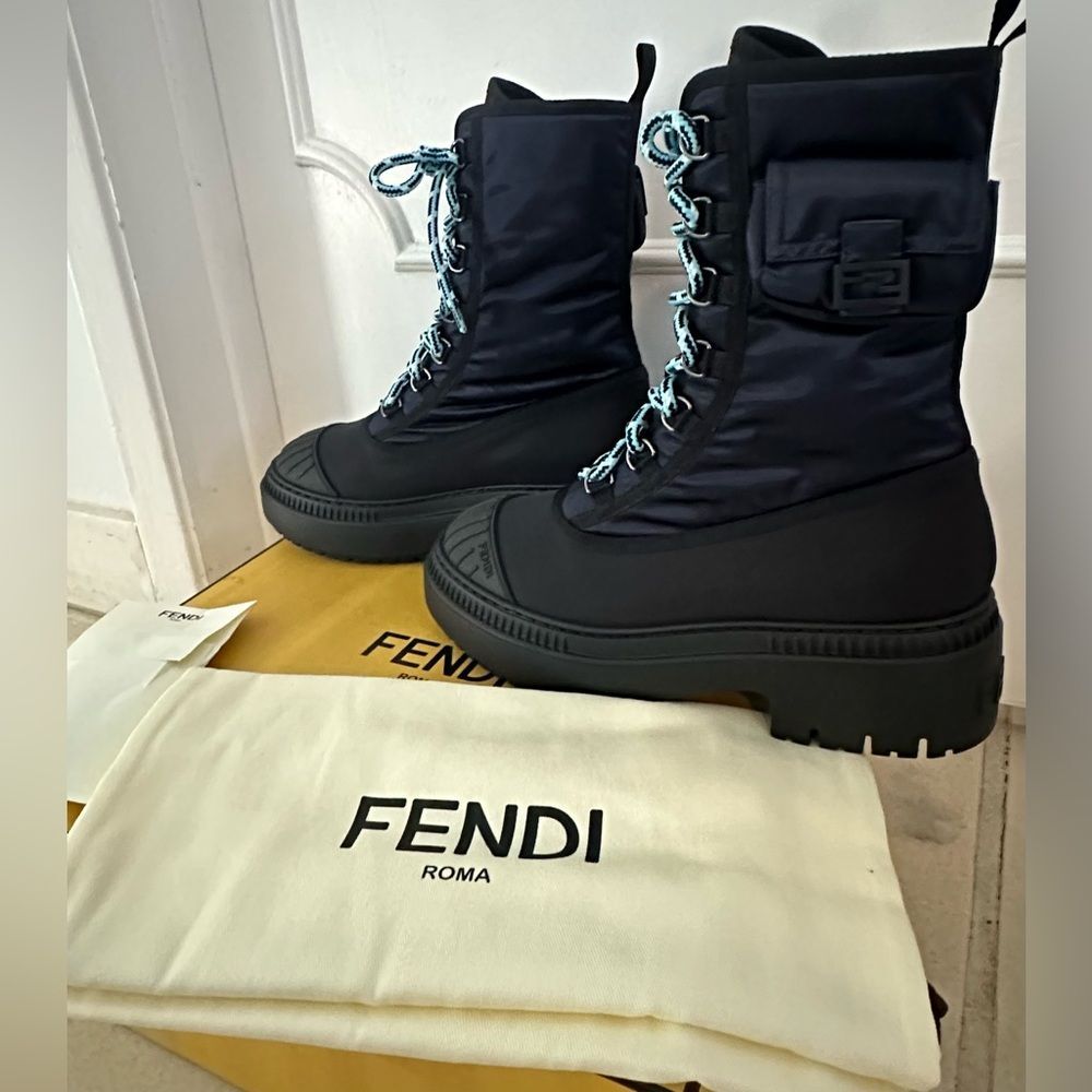 Fendi Baguette Domino Nylon Biker Lace Up Boots EU 38 US 8 in Blue/ Black - Picture 7 of 10